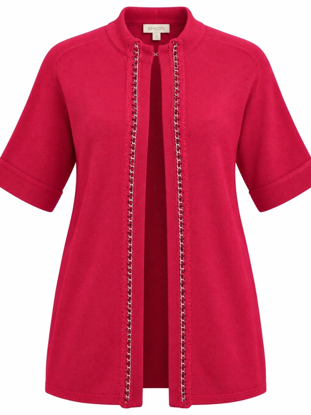CHICO'S | Holiday Red Chain Trim Open Front Cotton Longline Cardigan | L